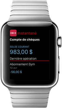 Une capture d'écran affiche le solde actuel et la dernière opération sur une Apple Watch