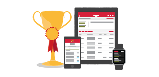A trophy alongside CIBC products on a smartphone, tablet and smart watch.