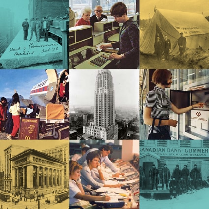 Un collage historique de la Banque, dont des photos des premiers édifices et d’une femme faisant un retrait au premier guichet automatique