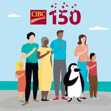 Percy Penguin, standing with Canadians, with their hands resting on their hearts.