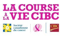 Logos La Course à la vie CIBC, Société canadienne du cancer, Fondation canadienne du cancer du sein et Banque CIBC