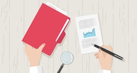 graphic of hands holding a file and a fountain pen while closely studying a financial report