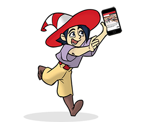 An illustration of Magnus running, arms outstretched, holding a smartphone showing the MagnusCards screen.