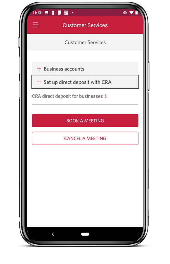  The Customer Services section leading to the CRA direct deposit registration form.