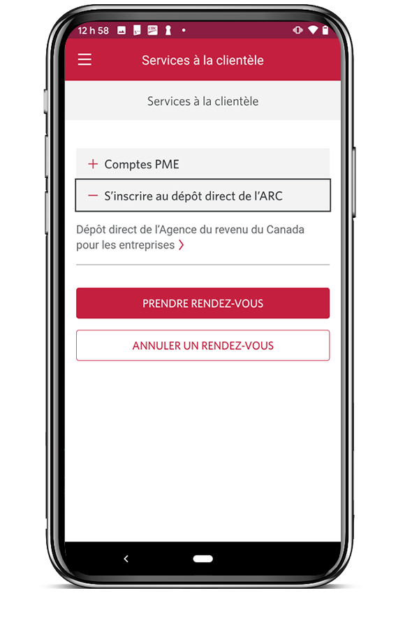   La section Services à la clientèle, qui mène au formulaire d’inscription au dépôt direct de l’ARC.