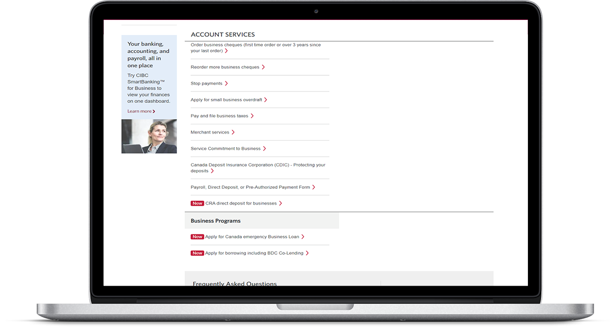 Laptop showing CIBC Account Services website