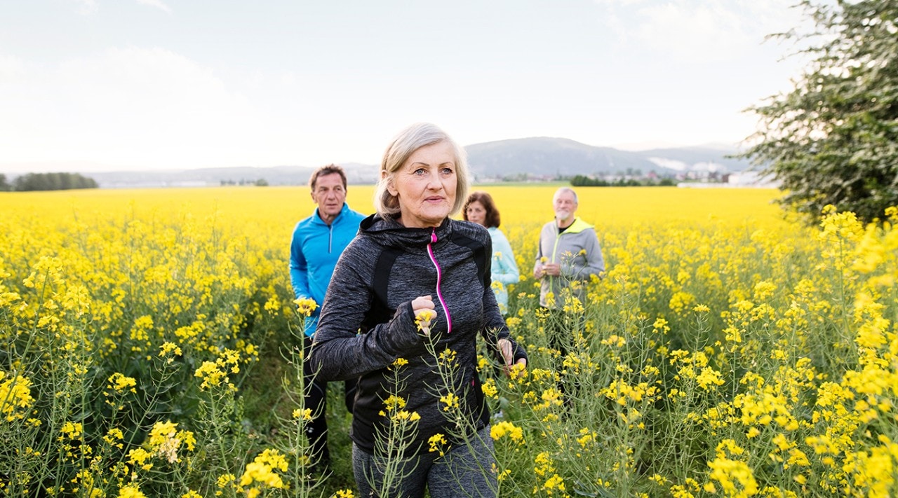 A group of retirees power-walking through a meadow