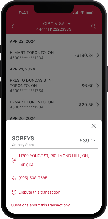 Mobile phone screen displays transaction details, including how to contact the merchant named Sobey’s, a grocery store.