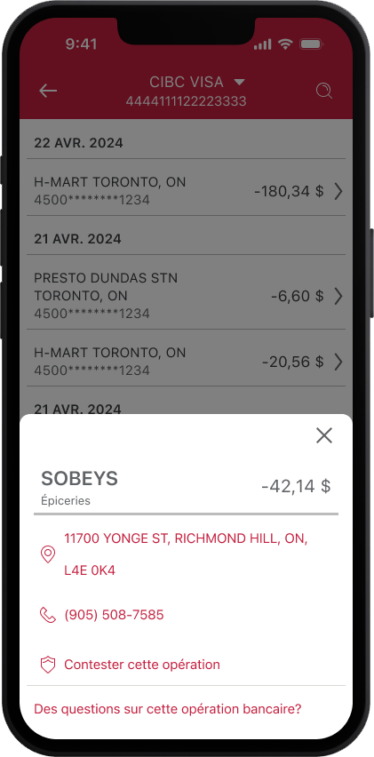 L’écran du téléphone mobile affiche les détails de l’opération, y compris la façon de contacter le commerçant nommé Sobey’s, une épicerie.