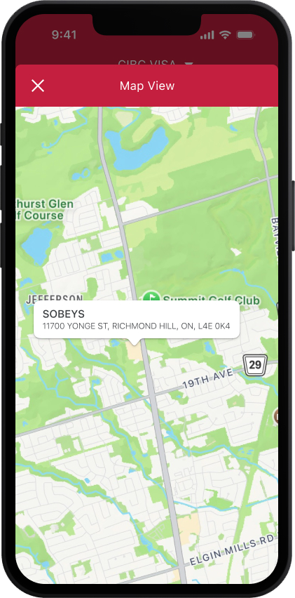 Mobile phone screen shows the location of a Sobeys store on a map.