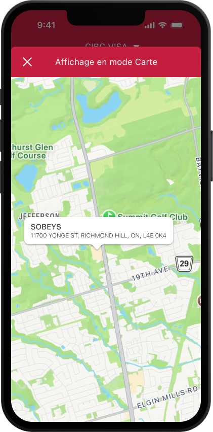 L’écran du téléphone mobile affiche l’emplacement d’un magasin Sobeys sur une carte.
