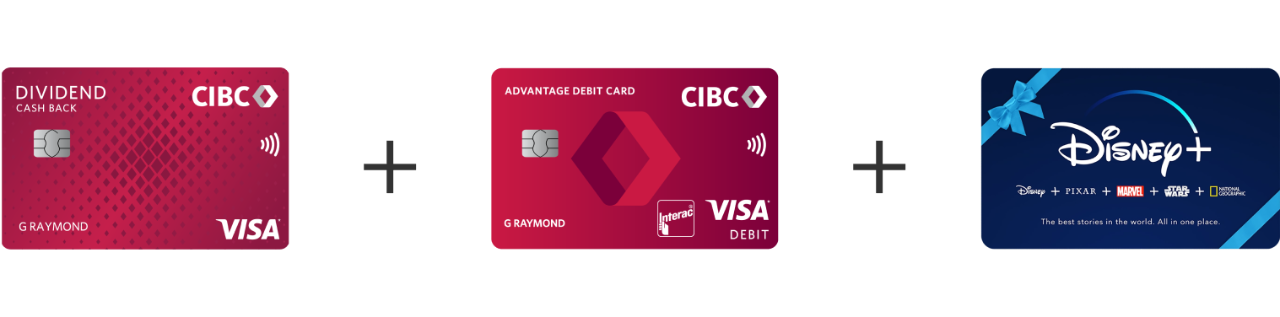 A bundle of CIBC Dividend Visa Card for Students, Smart Start debit card and 6 months of Disney+ subscription.