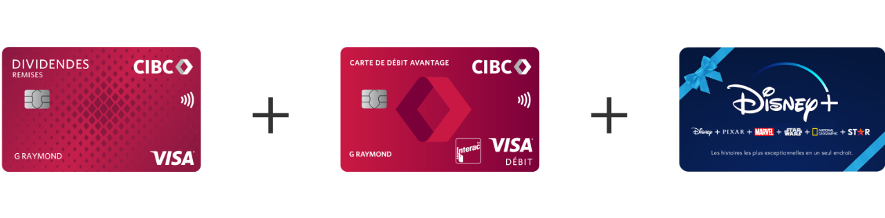 Groupe d'images : carte Dividendes CIBC Visa pour étudiants, carte de débit Départ Intelli CIBC, abonnement de 6 mois à Disney+.