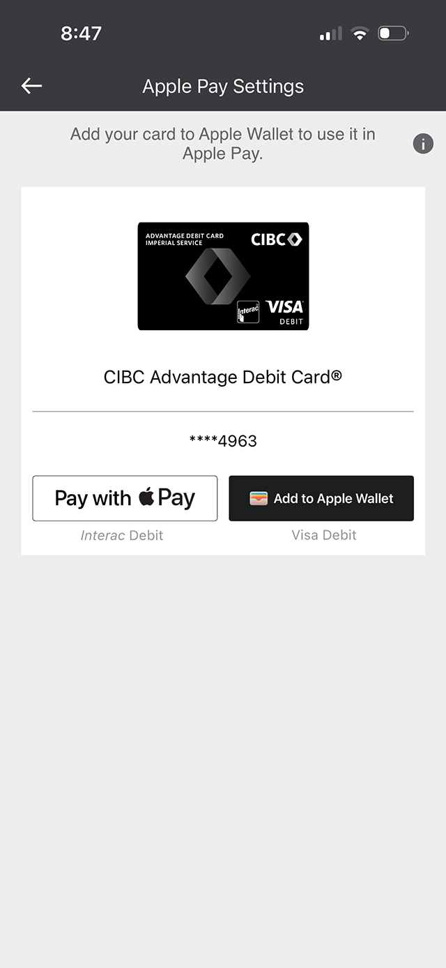 Demo screen 4: CIBC Mobile Banking App Apple Pay card selection. A pulsing animation highlights the "Add to Apple Wallet" button.