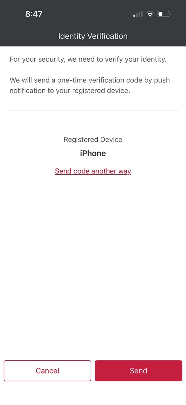 Demo screen 5: CIBC Mobile Banking App identity verification. A pulsing animation highlights the "Send" button.