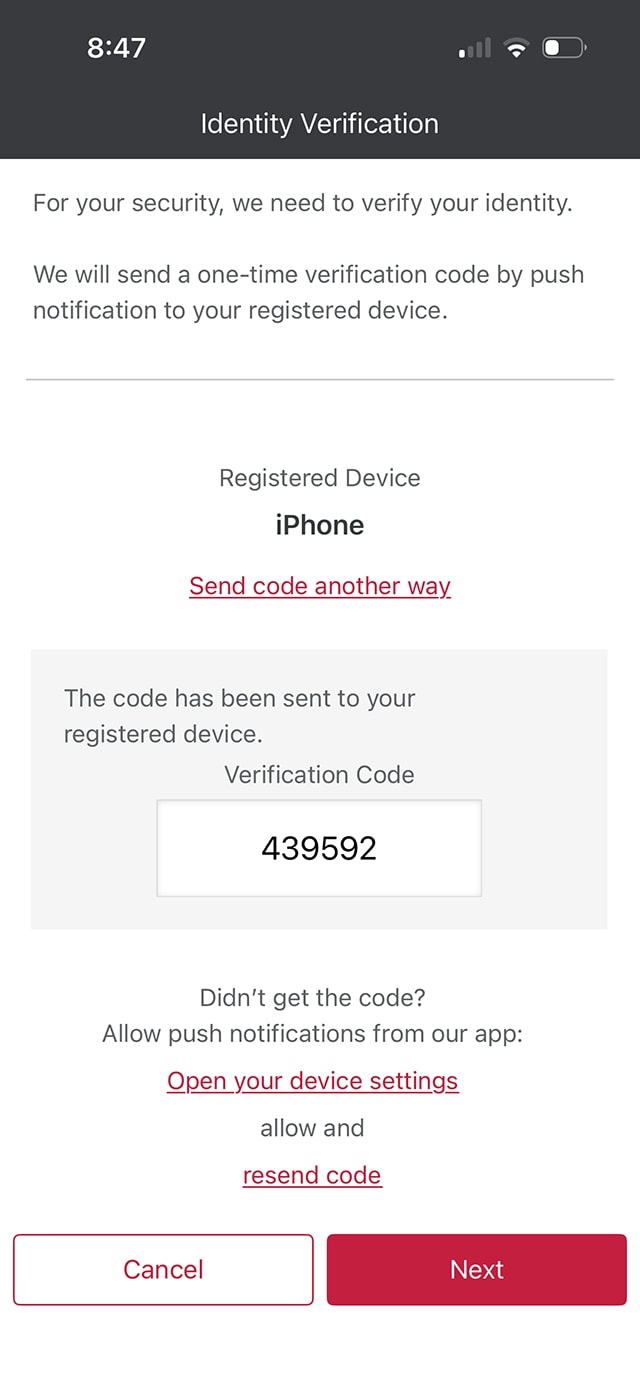 Demo screen 6: CIBC Mobile Banking App identity verification, step 2. A pulsing animation highlights the "Next" button.