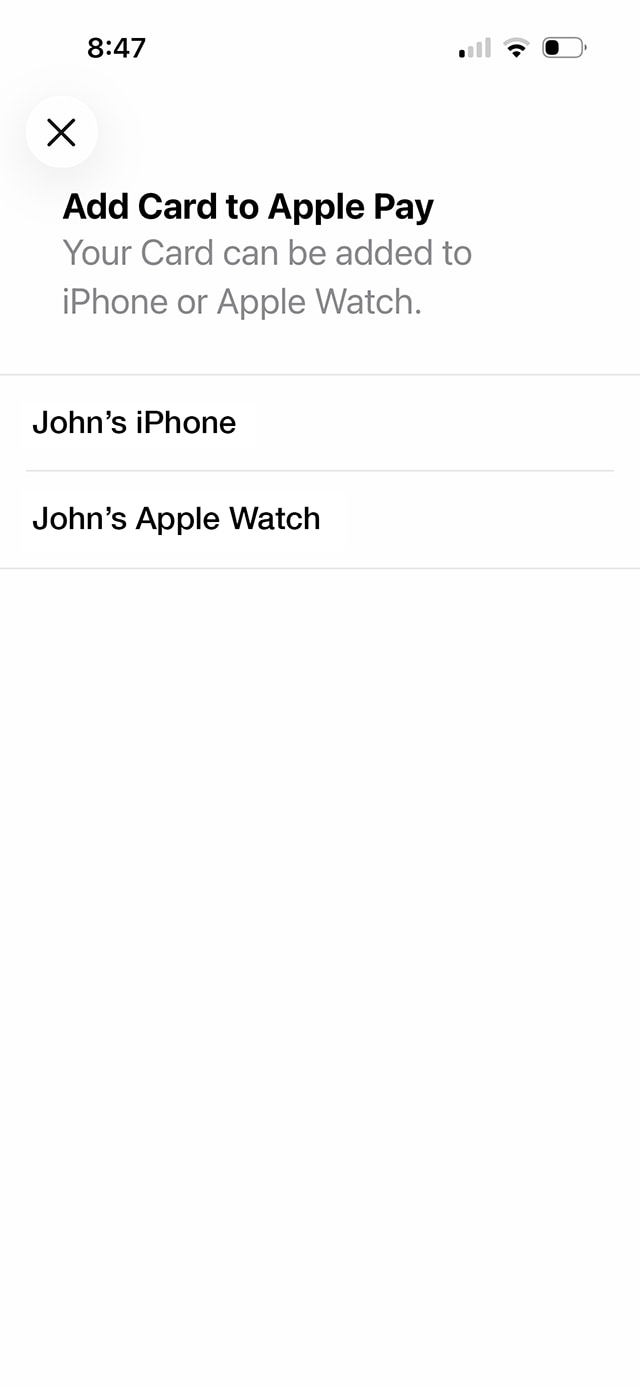 Demo screen 7: CIBC Mobile Banking App select a device for Apple Pay. A pulsing animation highlights "John's iPhone" button.