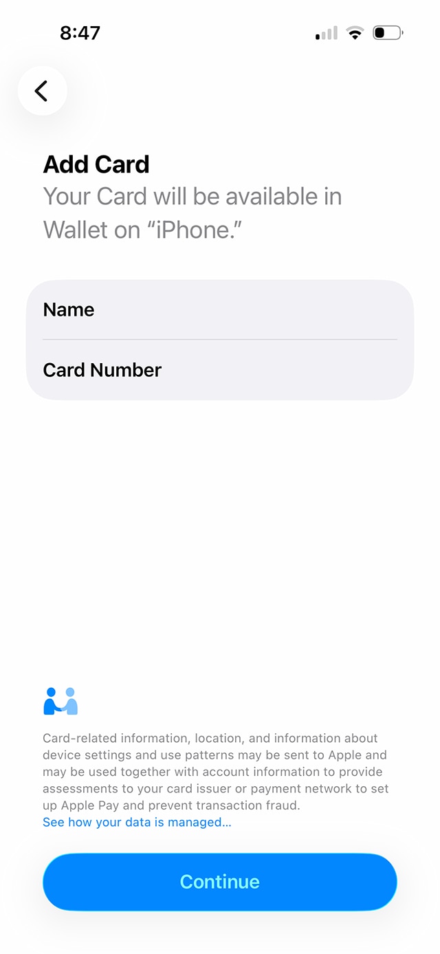 Demo screen 8: CIBC Mobile Banking App add card information. A pulsing animation highlights the "Continue" button.