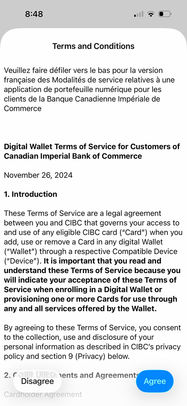 Demo screen 9: CIBC Mobile Banking App terms and conditions. A pulsing animation highlights the "Agree" button.