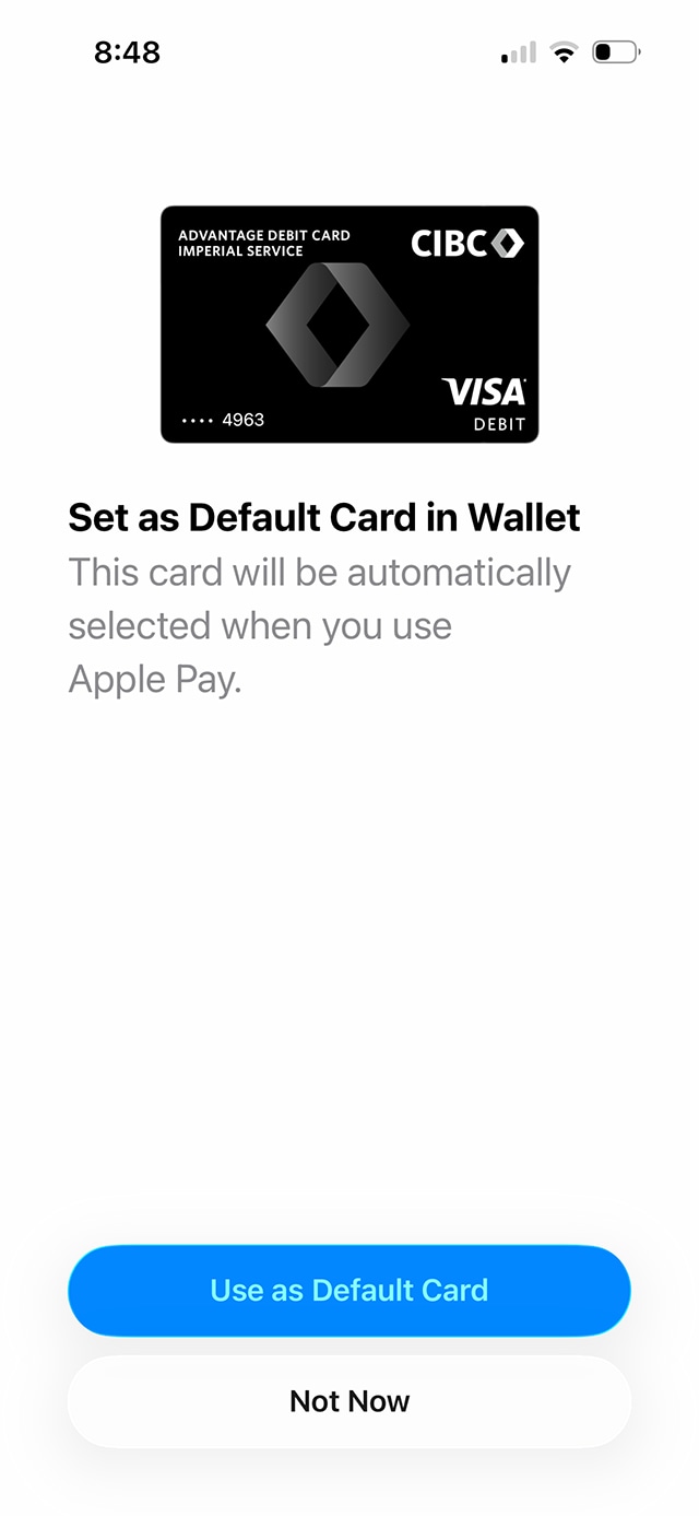 Demo screen 10: CIBC Mobile Banking App set default card page. A pulsing animation highlights the "Use as: Default Card" button.