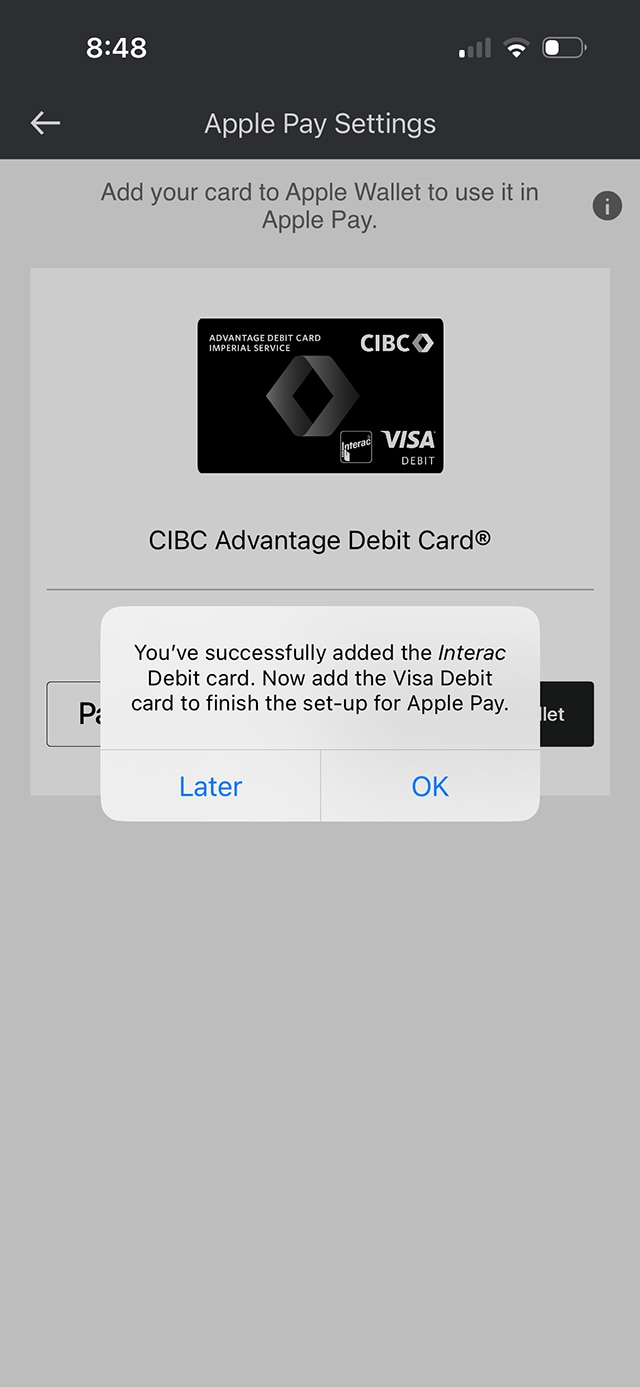 Demo screen 11: CIBC Mobile Banking App Apple Pay Settings confirmation. No pulsing animation.