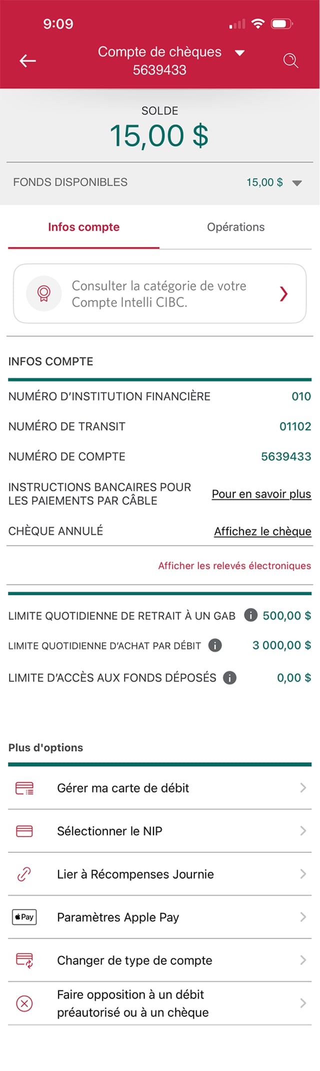 Écran de démonstration 3 : Page de renseignements sur le compte de l’application Services bancaires mobiles CIBC. Une animation dynamique met en évidence le bouton Paramètres Apple Pay.