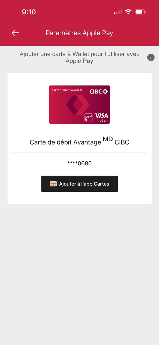 Écran de démonstration 4 : Sélection de la carte Apple Pay dans l’application Services bancaires mobiles CIBC. Une animation dynamique met en évidence le bouton « Ajouter à l'app Cartes ».