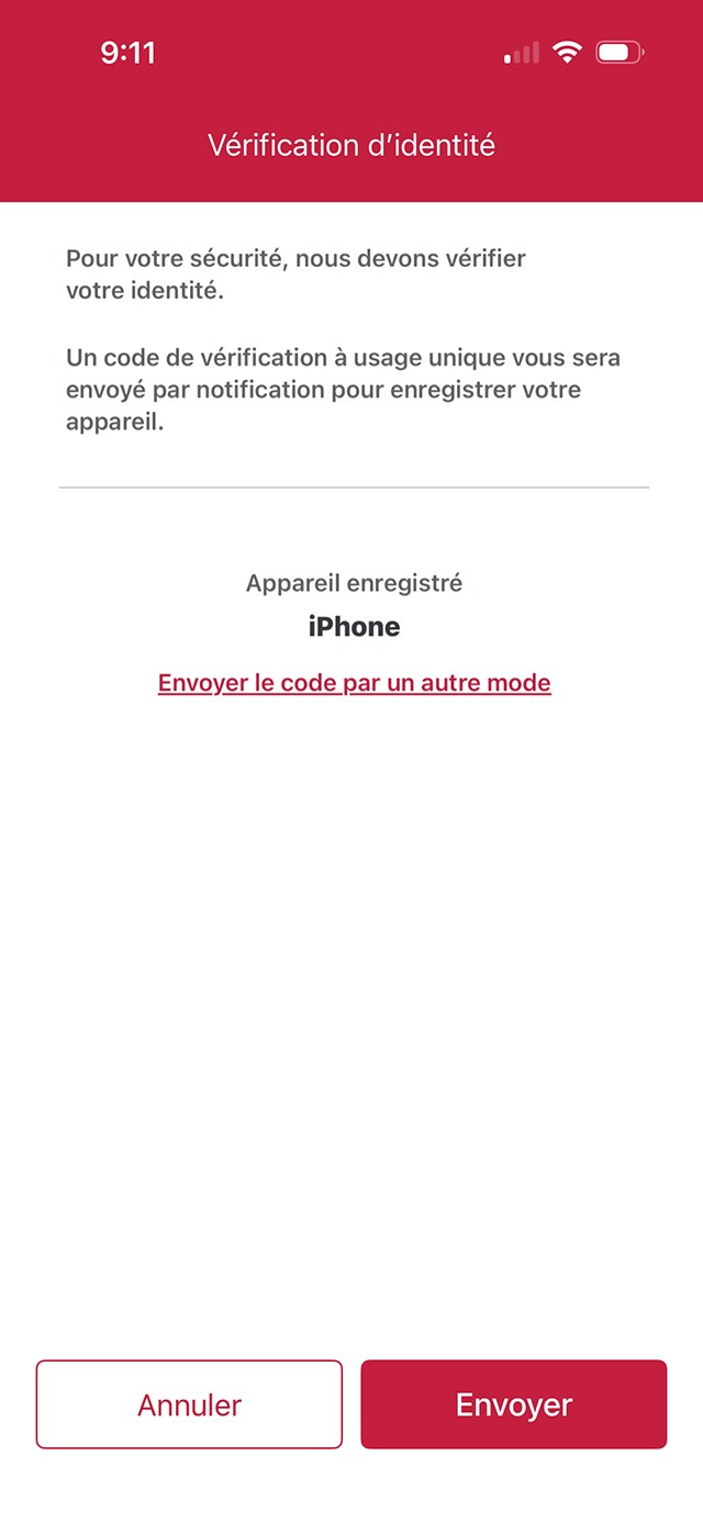 Écran de démonstration 5 : Vérification de l’identité dans l’application Services bancaires mobiles CIBC. Une animation dynamique met en évidence le bouton Envoyer.