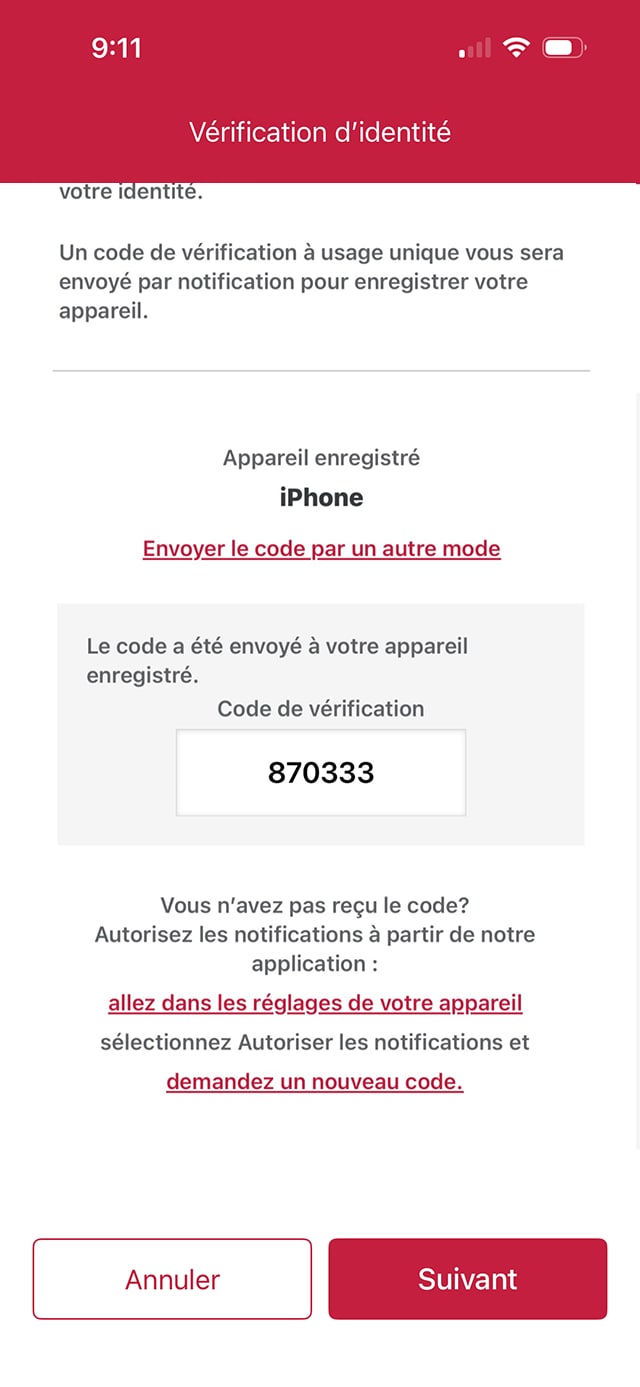 Écran de démonstration 6 : Vérification de l’identité dans l’application Services bancaires mobiles CIBC, étape 2. Une animation dynamique met en évidence le bouton « Suivant ».