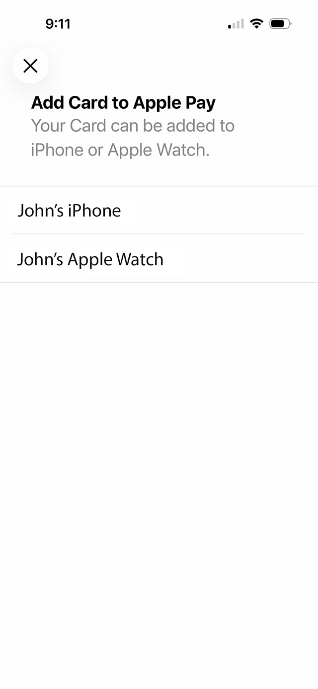 Écran de démonstration 7 : Sélection d’un appareil pour Apple Pay dans l’application Services bancaires mobiles CIBC. Une animation dynamique met en évidence le bouton « IPhone de John ».