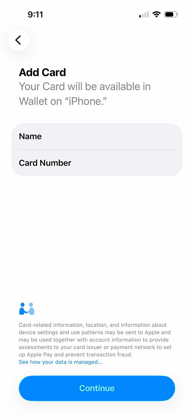 Écran de démonstration 8 : Ajout de renseignements sur la carte dans l’application Services bancaires mobiles CIBC. Une animation dynamique met en évidence le bouton « Continuer ».