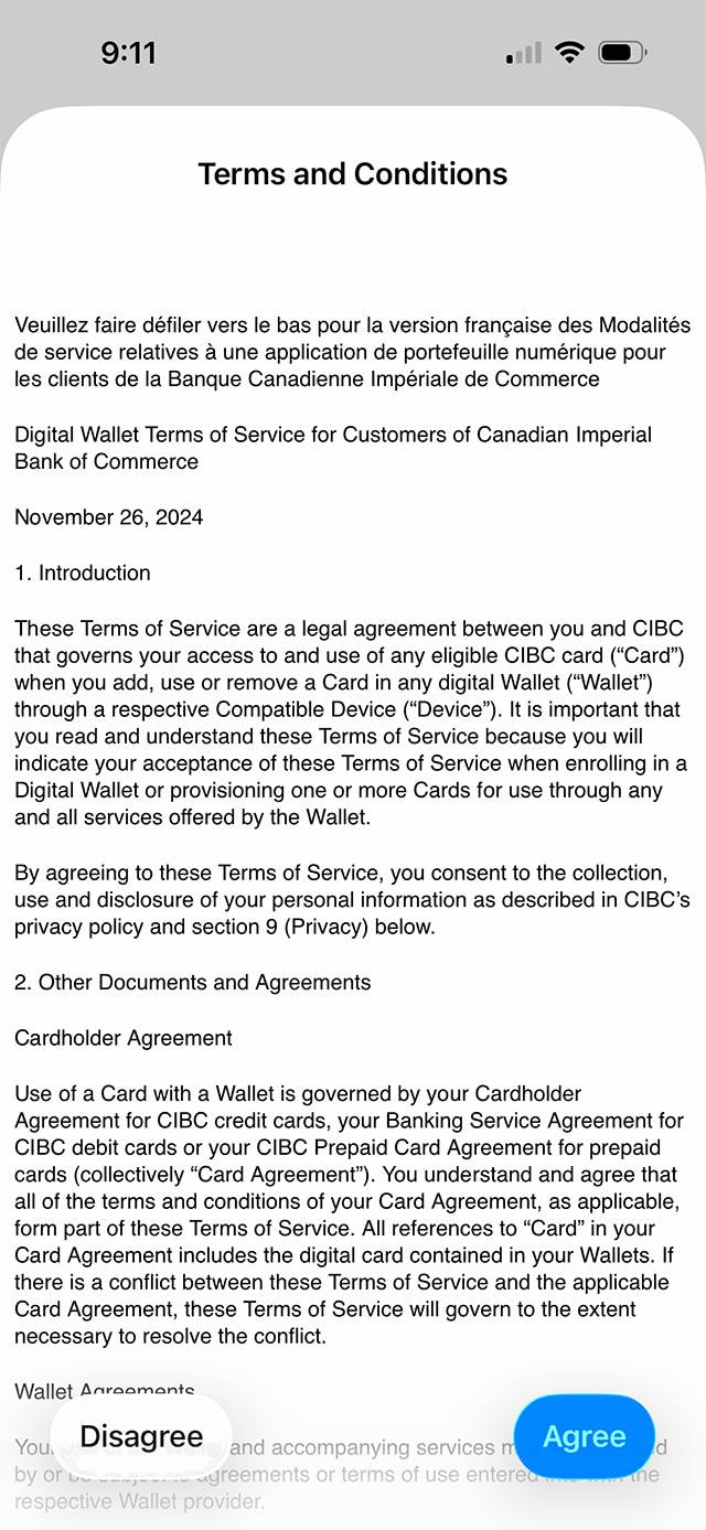 Écran de démonstration 9 : Modalités de l’application Services bancaires mobiles CIBC. Une animation dynamique met en évidence le bouton « Agree » en anglais qui s'affichera comme Accepter en français.