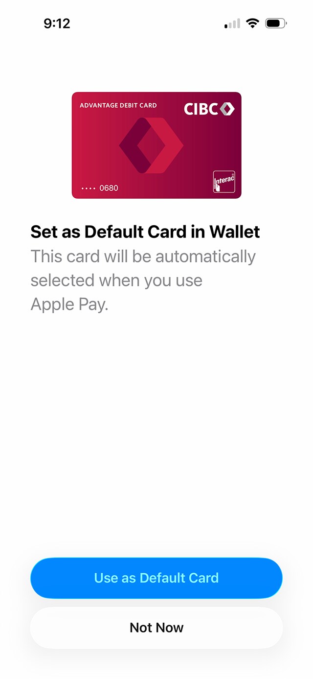 Écran de démonstration 10 : Page de l’établissement de la carte par défaut de l’application Services bancaires mobiles CIBC. Une animation dynamique met en évidence le message « Use as: Default Card » en anglais qui se traduit par Définir comme carte par défaut en français.