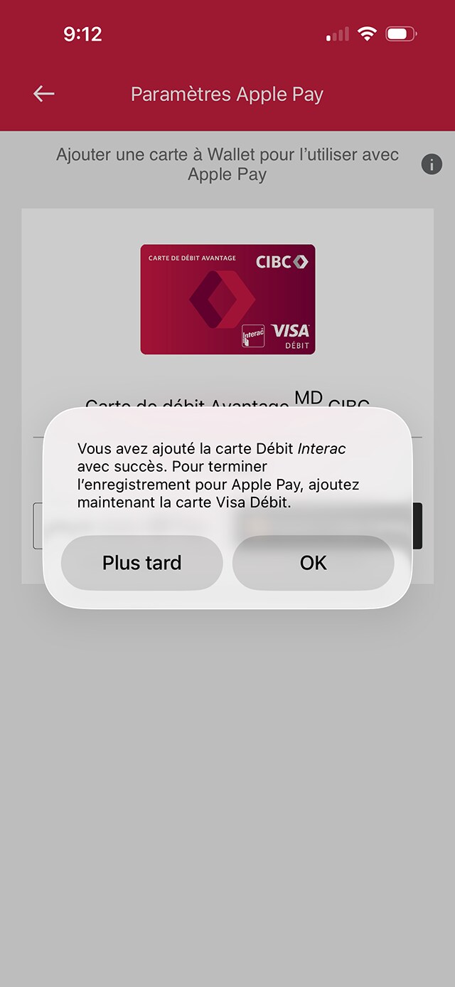 Écran de démonstration 11 : Confirmation des paramètres Apple Pay dans l’application Services bancaires mobiles CIBC. Aucune animation dynamique.
