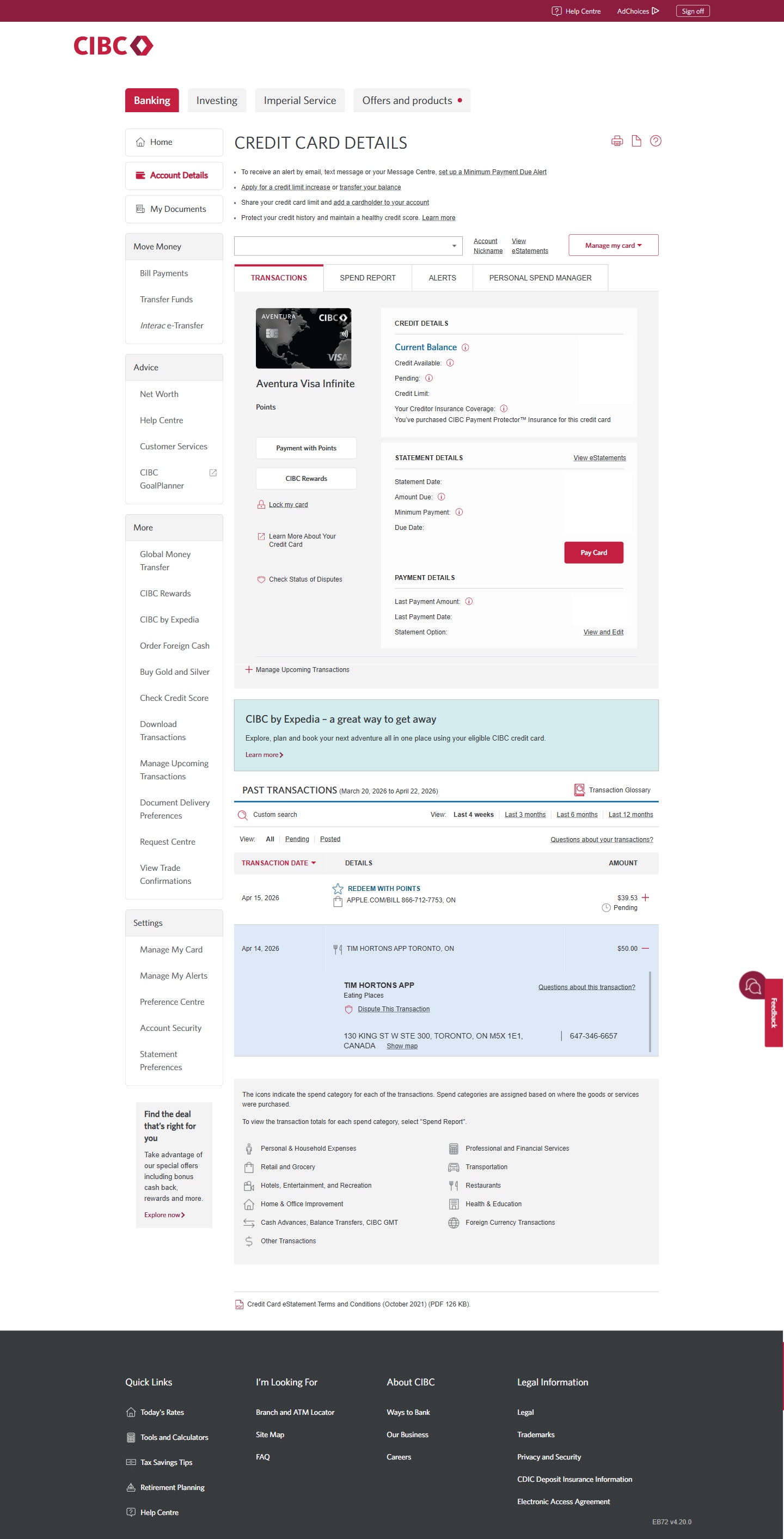 Demo screen 3: CIBC Online Banking past transactions list. A pulsing animation highlights a "Dispute This Transaction" link.