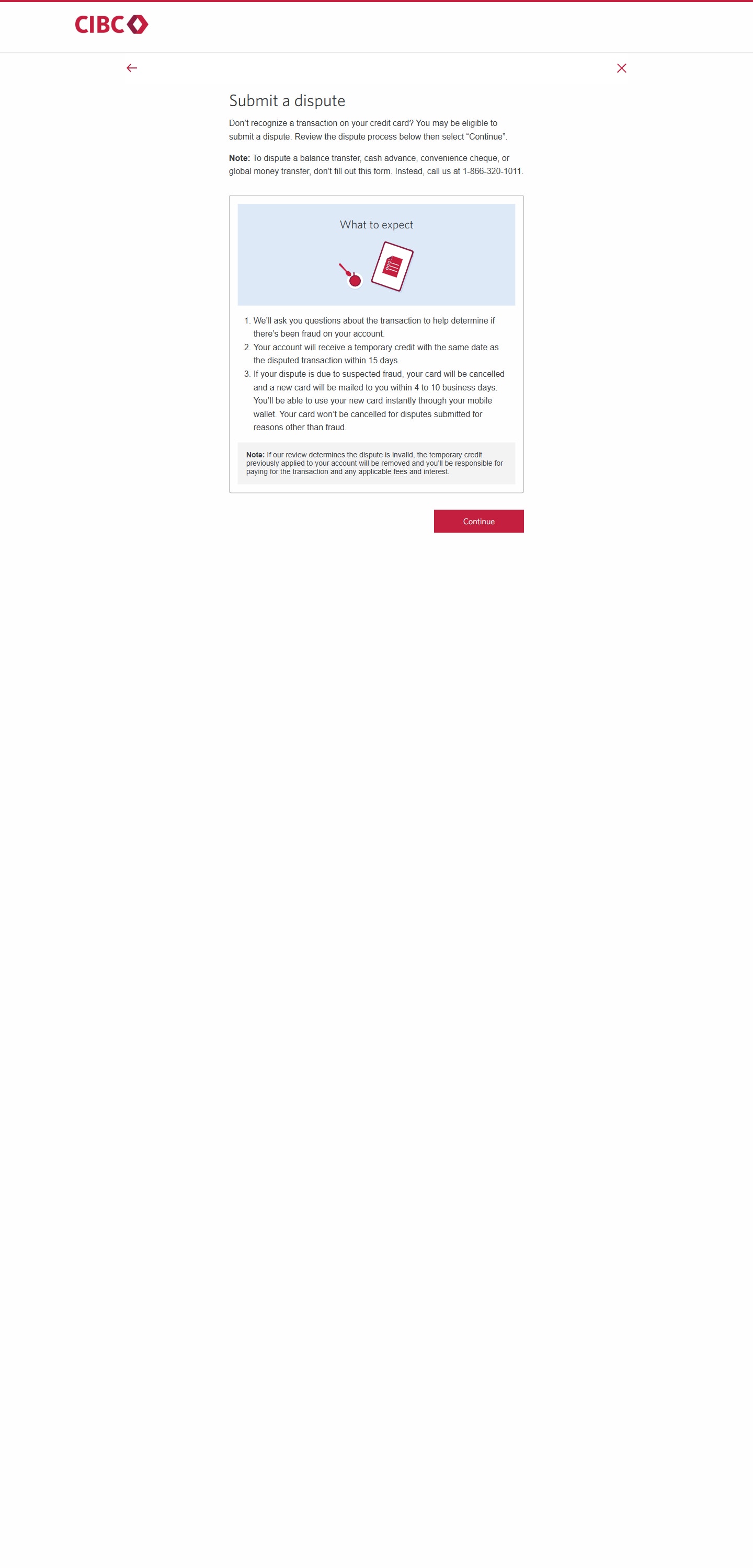 Demo screen 4: CIBC Online Banking submit a dispute page. A pulsing animation highlights a "Continue" button.