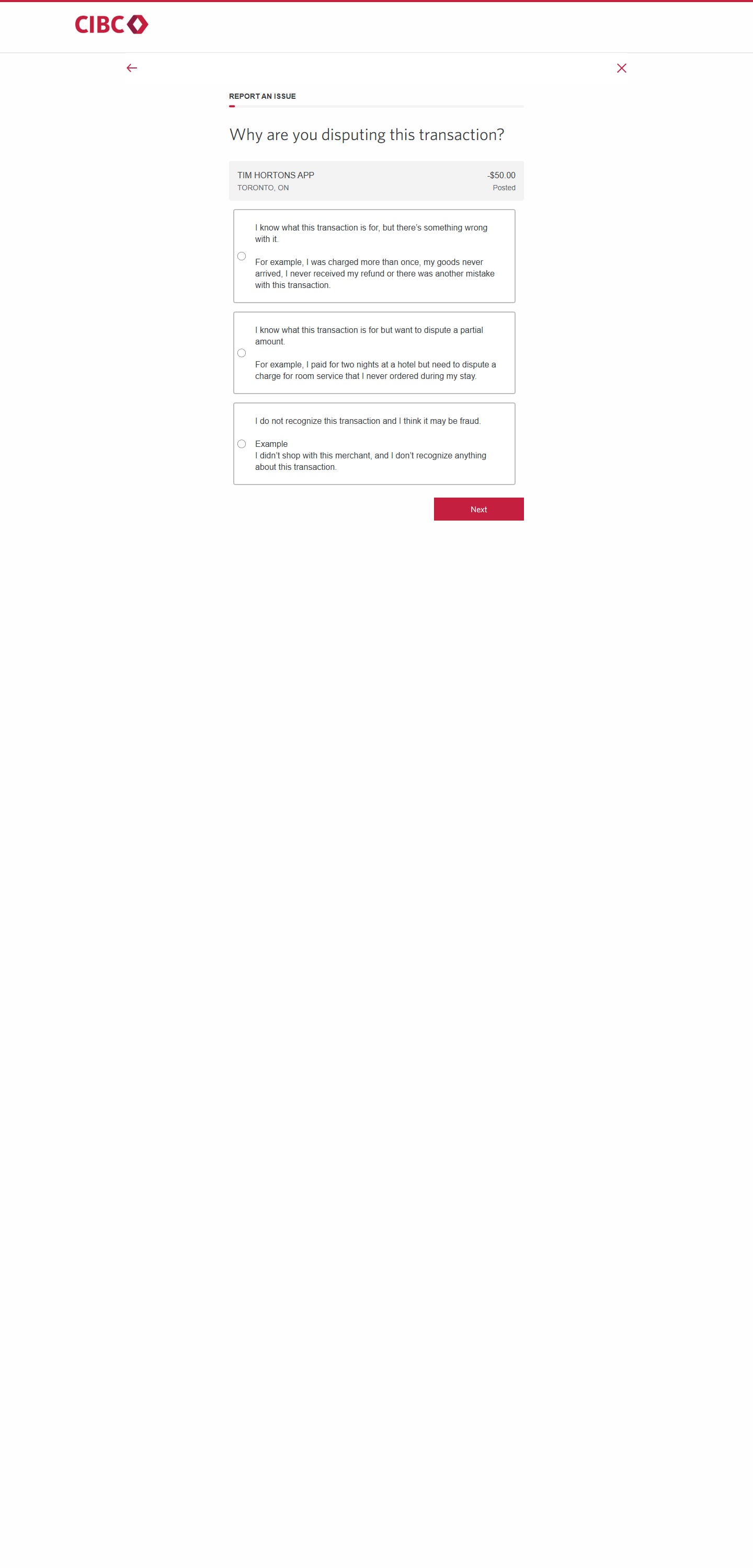Demo screen 5: CIBC Online Banking report an issue form. A pulsing animation highlights a "I don't recognize the transaction and I think it may be fraud" checkbox.