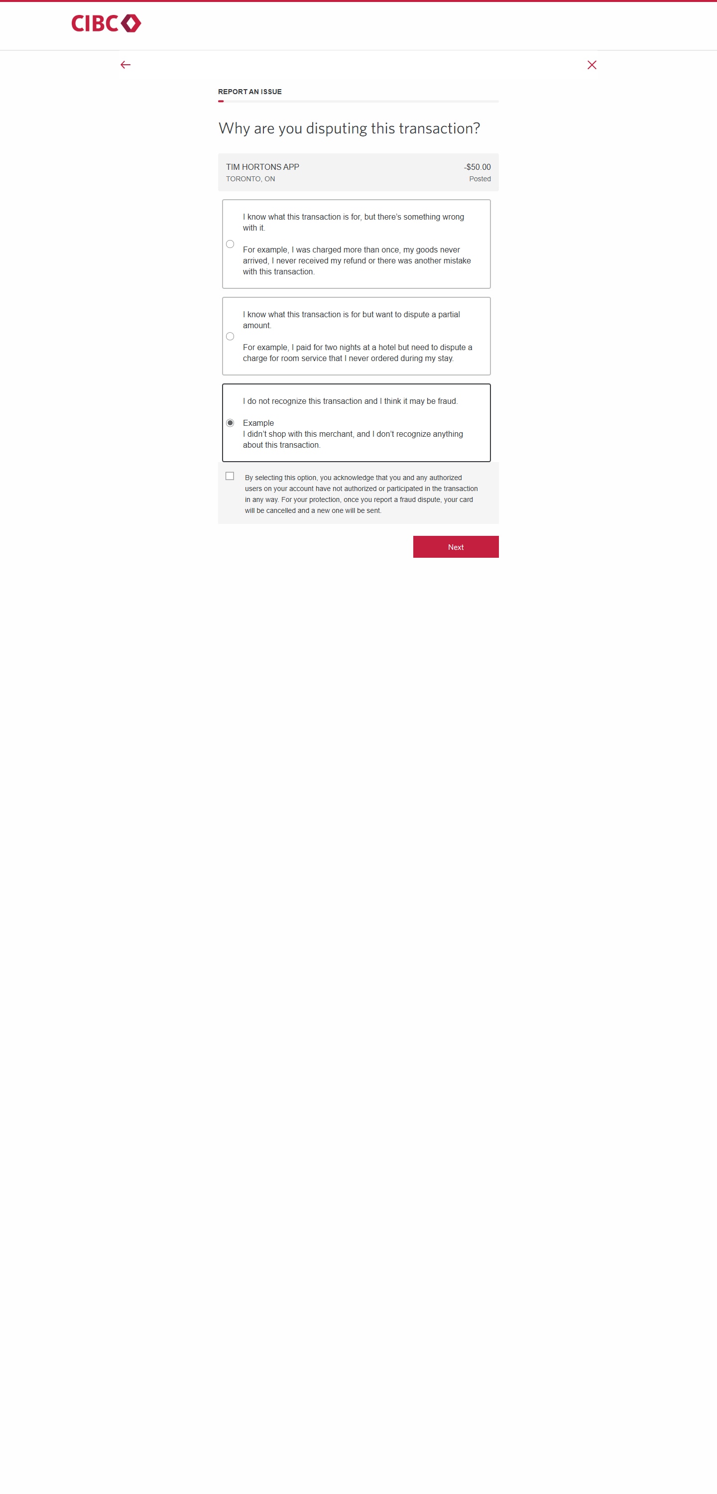 Demo screen 6: CIBC Online Banking report an issue form. A pulsing animation highlights the "next" button.