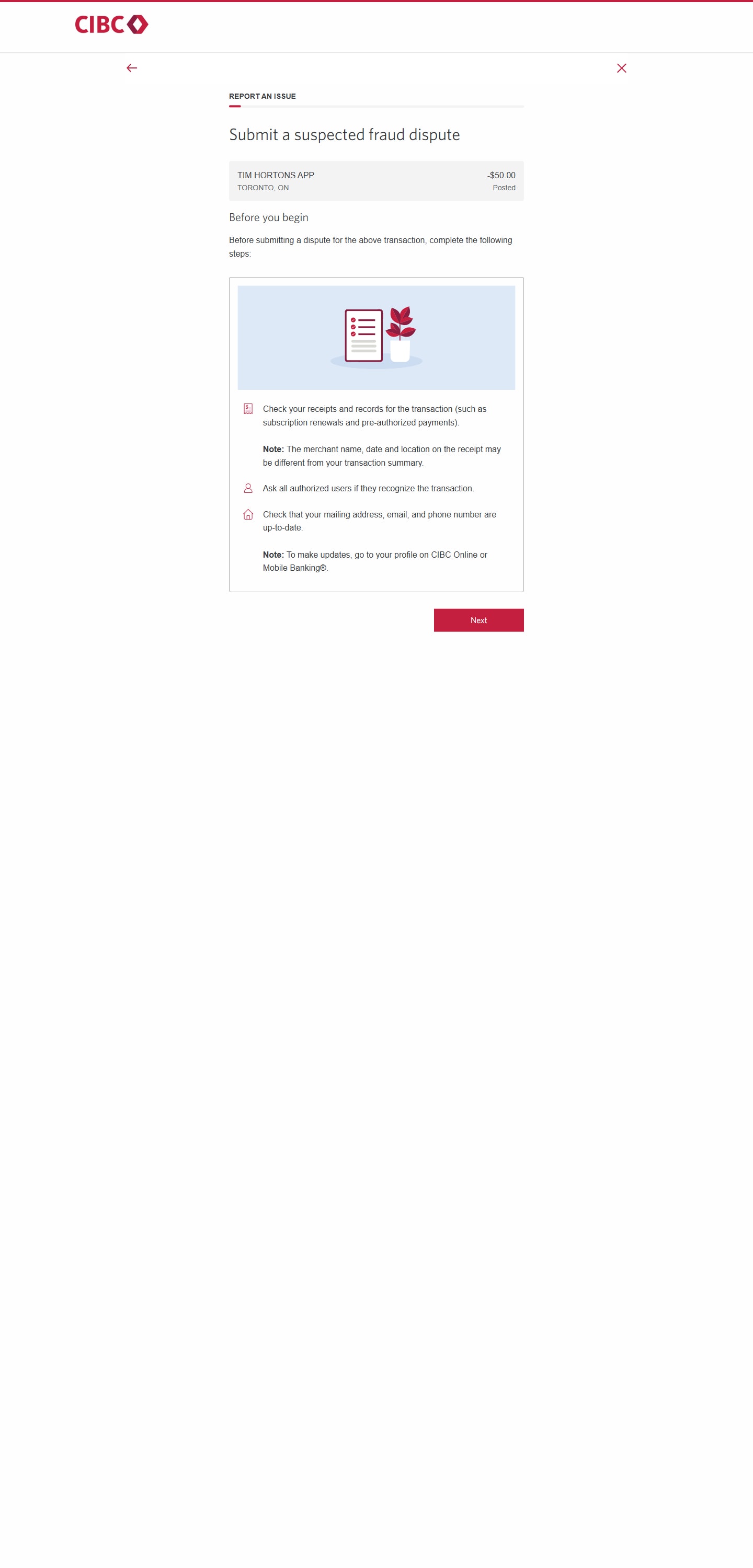 Demo screen 7: CIBC Online Banking reporting an issue form. A pulsing animation highlights the "next" button.
