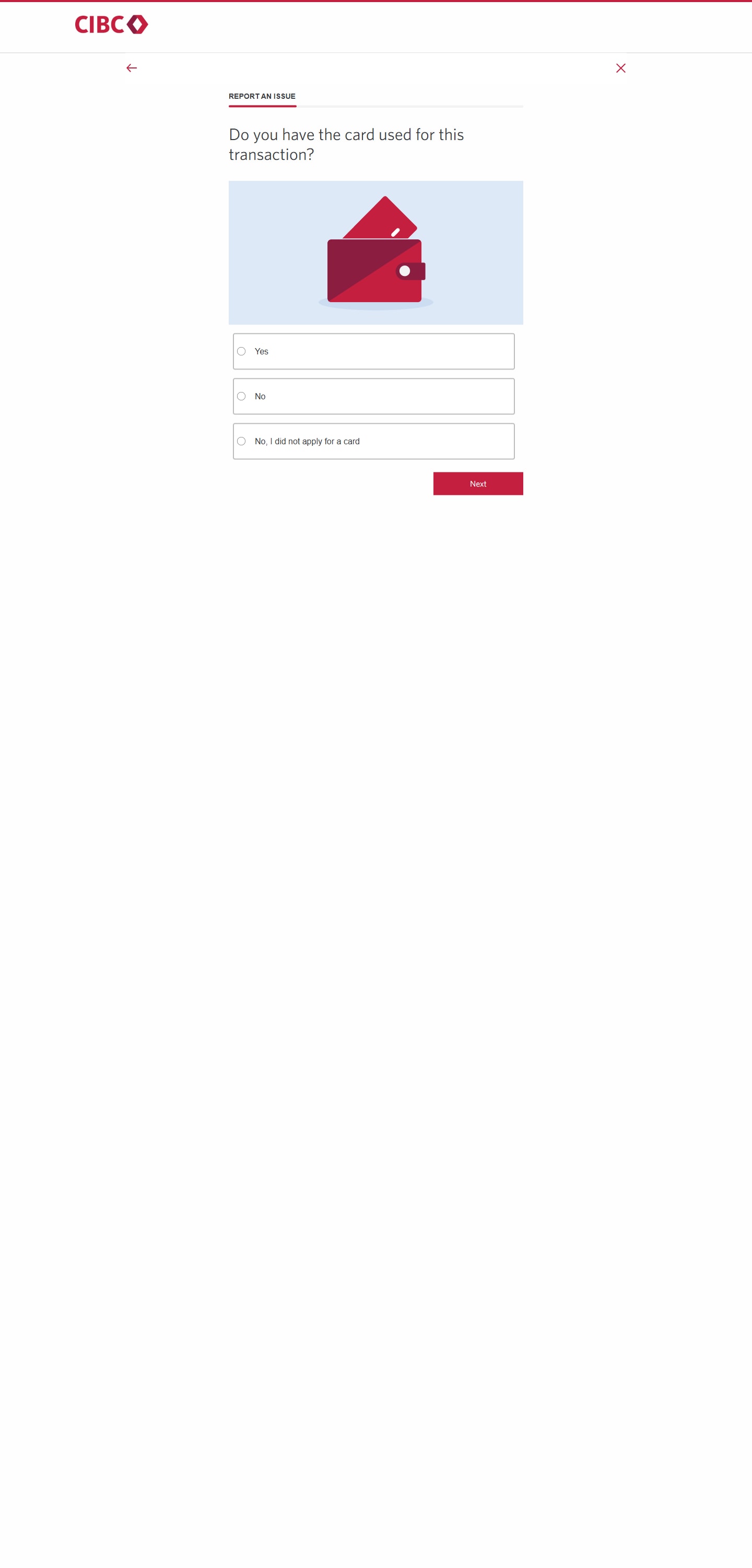 Demo screen 9: CIBC Online Banking report an issue form. A pulsing animation highlights the "Next" button.