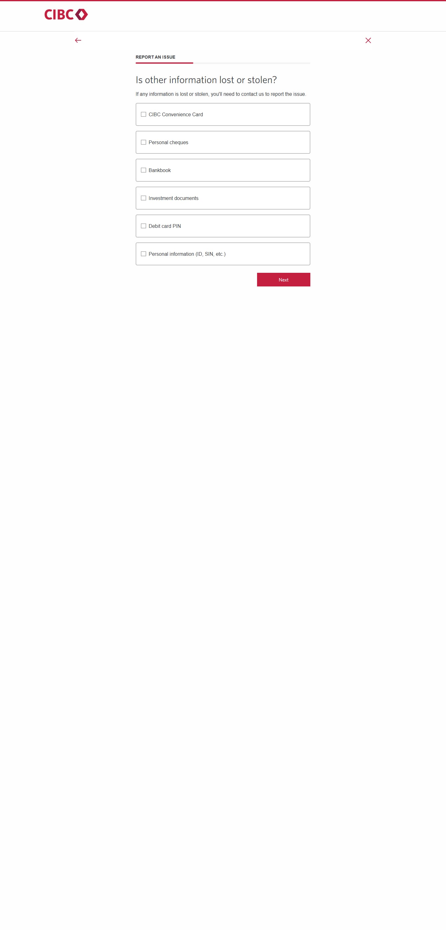 Demo screen 10: CIBC Online Banking reporting an issue form. A pulsing animation highlights the "Next" button.