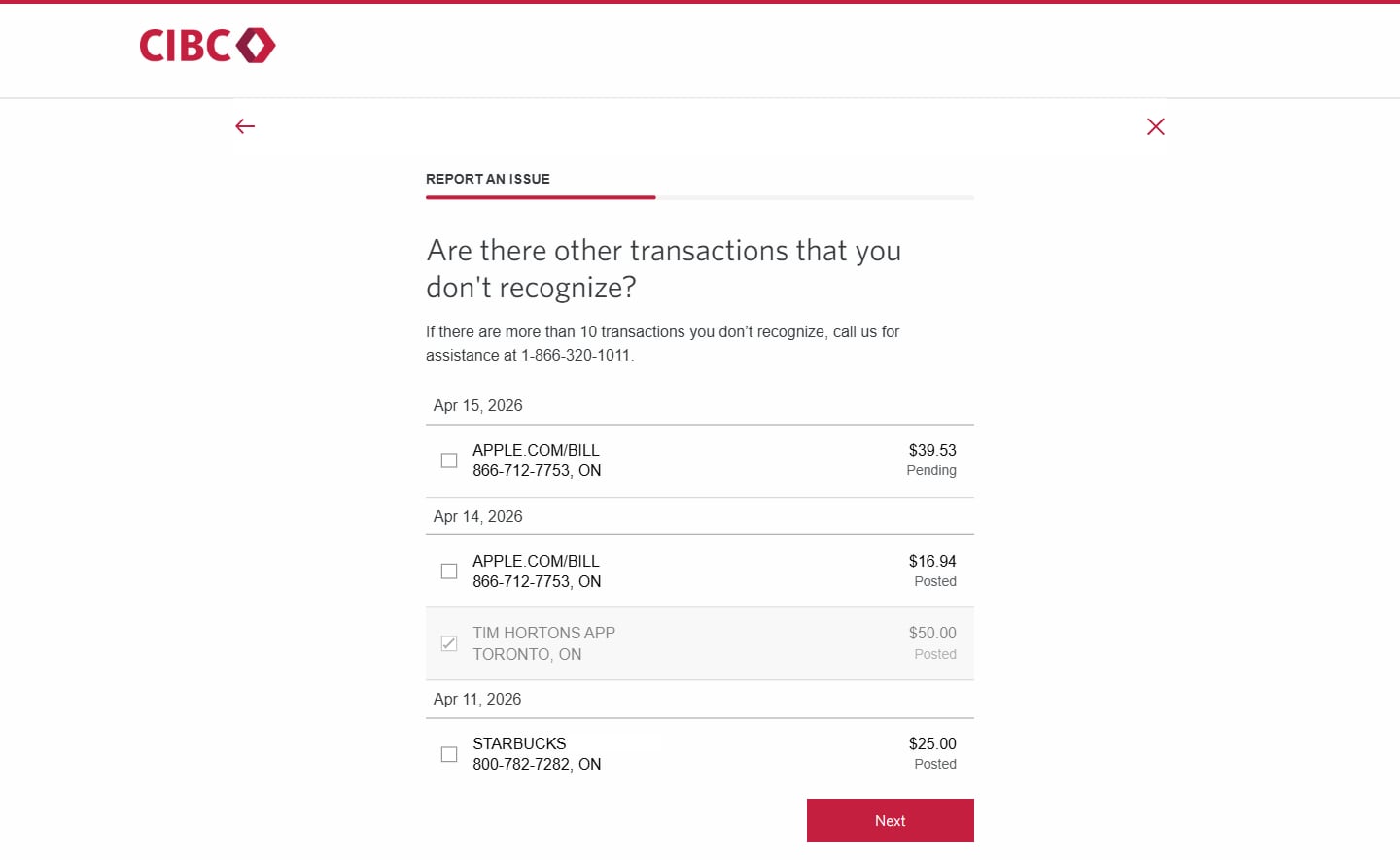 Demo screen 11: CIBC Online Banking report an issue form. A pulsing animation highlights the "Next" button.