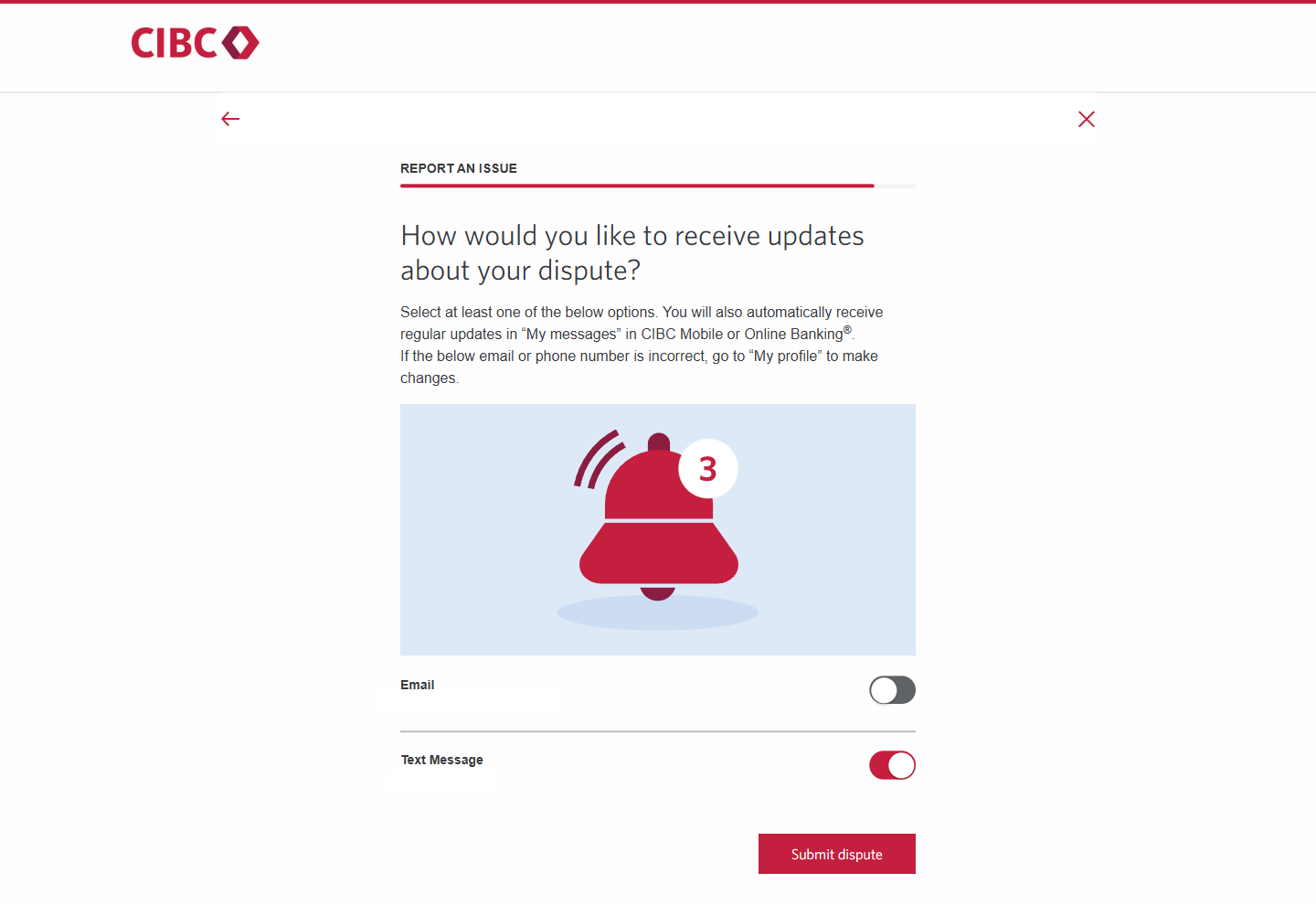 Demo screen 17: CIBC Online Banking report an issue form. A pulsing animation highlights the "Submit dispute" button.