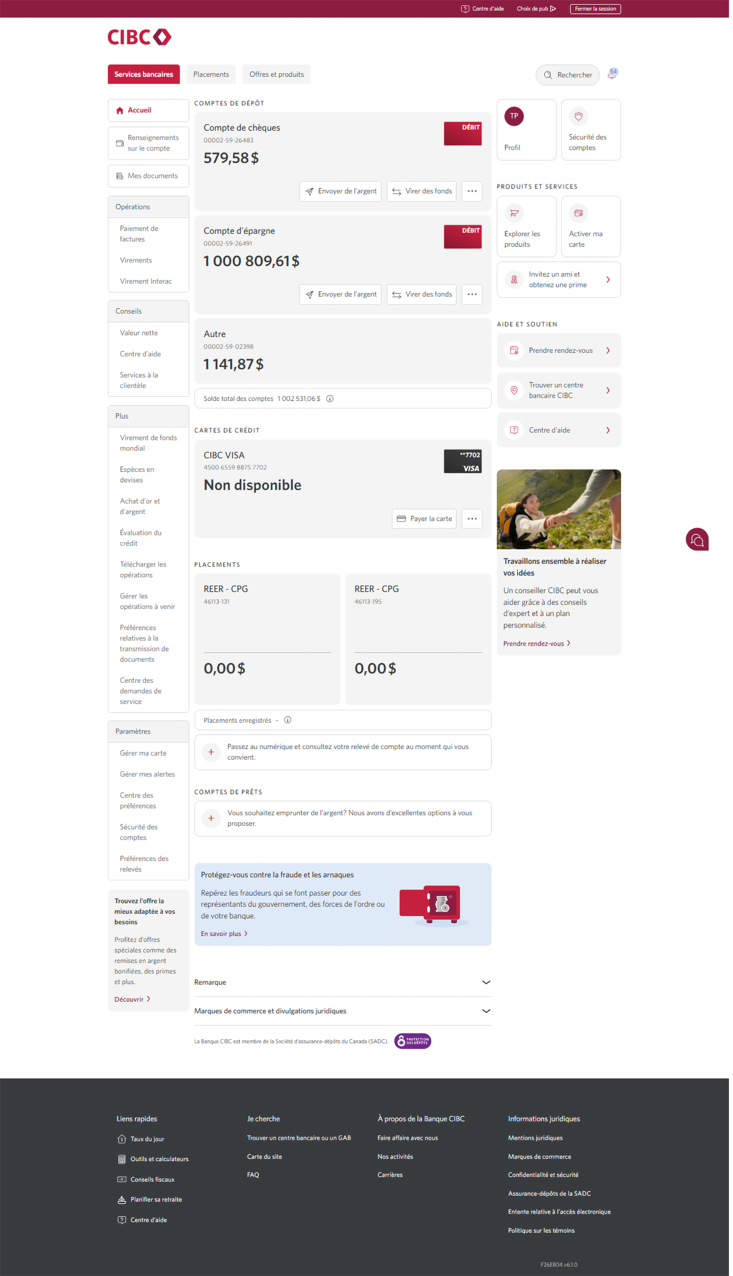 Écran 2 de la démonstration : Aperçu des comptes dans Services bancaires CIBC en direct. Une animation dynamique met en évidence le bouton Compte de carte de crédit.