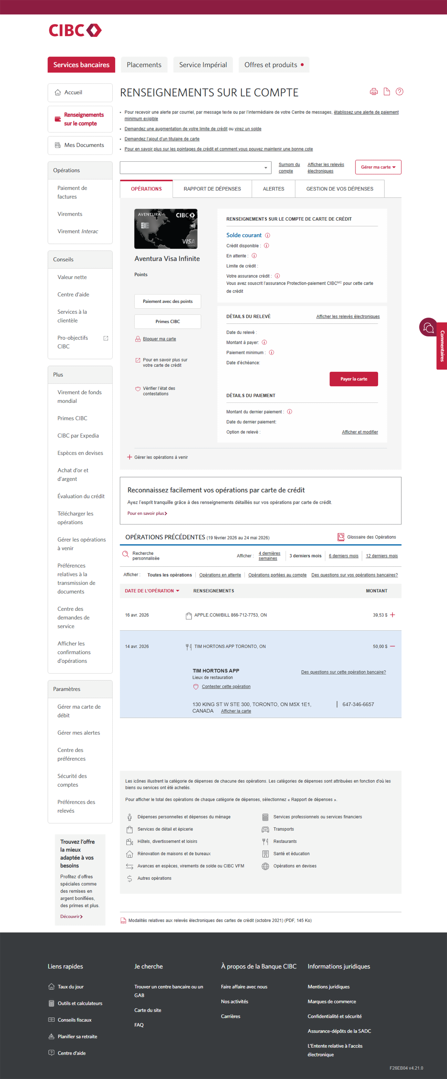 Écran 3 de la démonstration : Liste des opérations antérieures dans Services bancaires CIBC en direct. Une animation dynamique met en évidence le lien Contester cette opération.