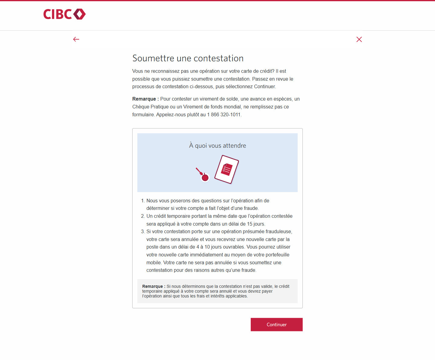 Écran 4 de la démonstration : Page Soumettre une contestation de Services bancaires CIBC en direct. Une animation dynamique met en évidence le bouton Continuer.