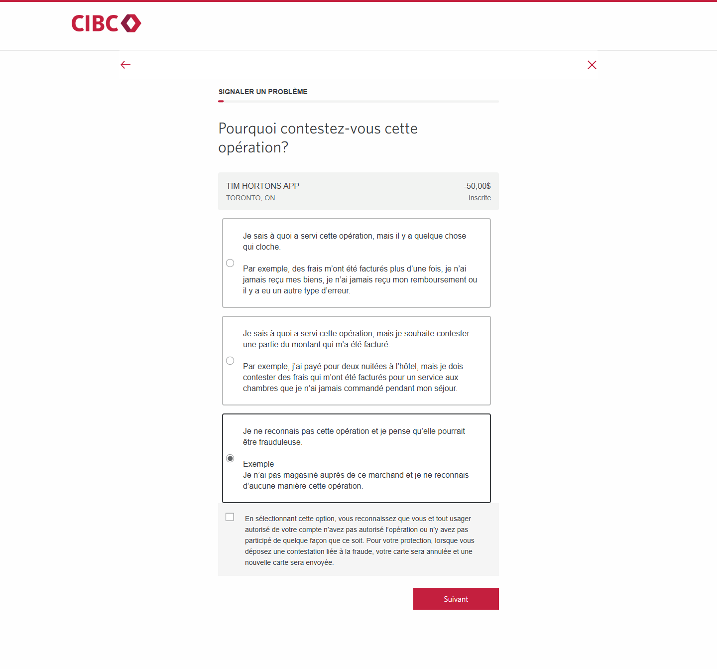 Écran 6 de la démonstration : Formulaire Signaler un problème de Services bancaires CIBC en direct. Une animation dynamique met en évidence le bouton Suivant.