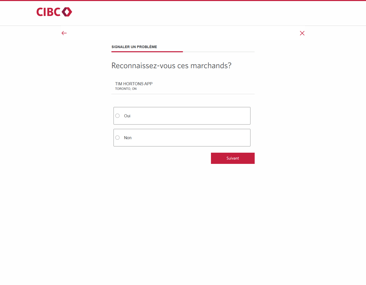 Écran 12 de la démonstration : Formulaire Signaler un problème de Services bancaires CIBC en direct. Une animation dynamique met en évidence le bouton Suivant.