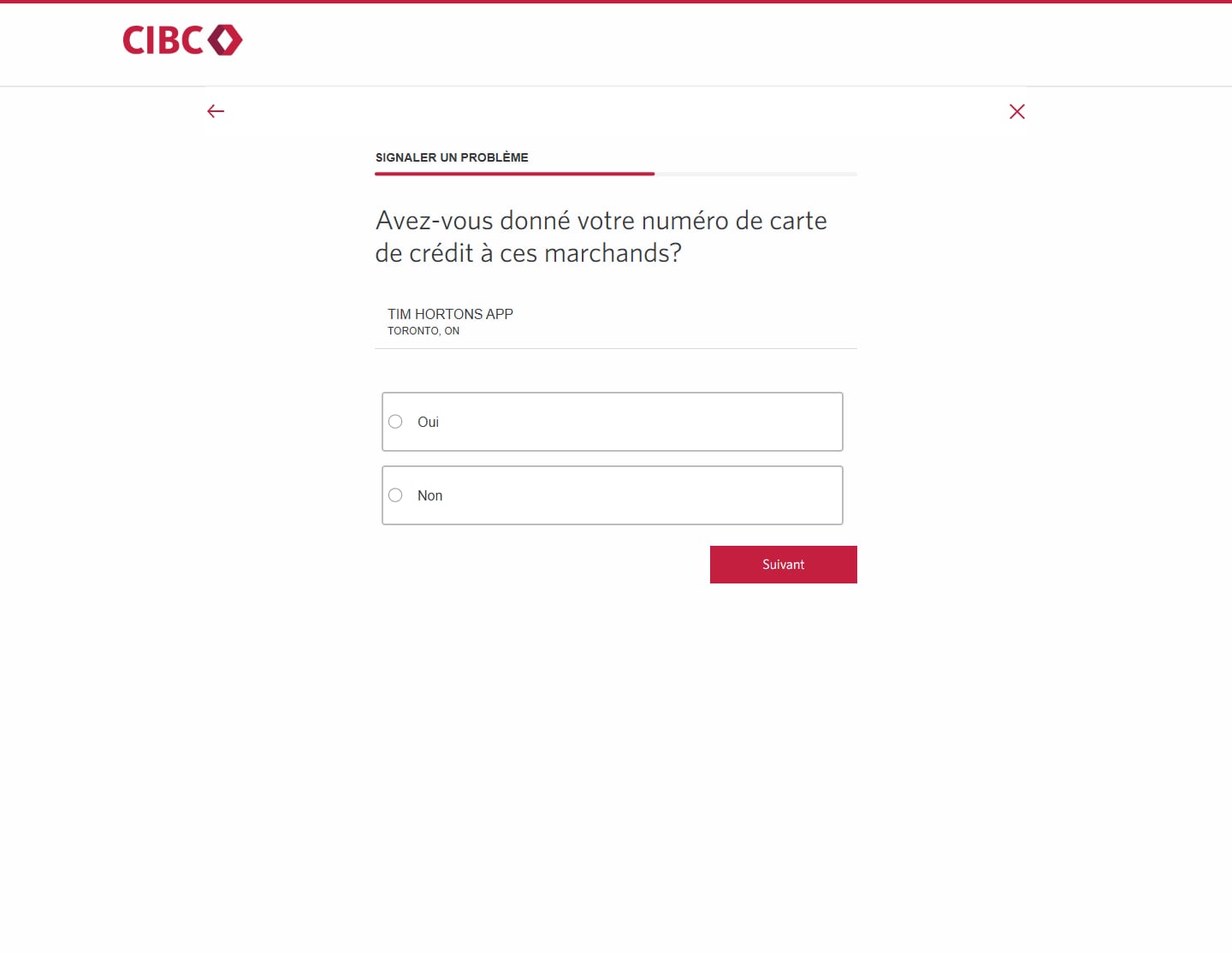 Écran 13 de la démonstration : Formulaire Signaler un problème de Services bancaires CIBC en direct. Une animation dynamique met en évidence le bouton Suivant.