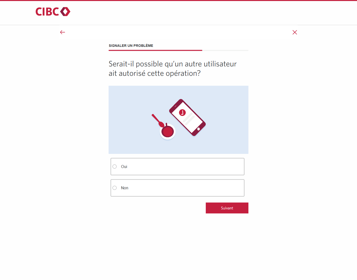 Écran 14 de la démonstration : Formulaire Signaler un problème de Services bancaires CIBC en direct. Une animation dynamique met en évidence le bouton Suivant.